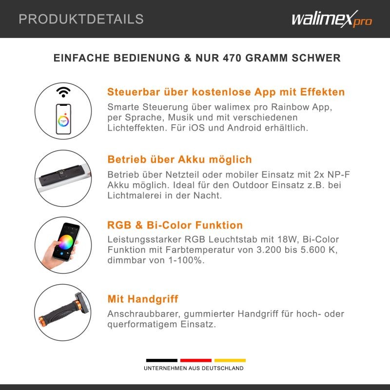 Walimex pro Rainbow LED RGB -valotanko 18 W, Bi-Color, sovellusohjattava studiovalo