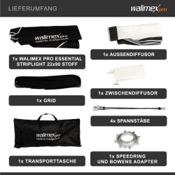 Walimex pro Essential Striplight-softbox 22 x 90 cm, kenno, Bowens-adapteri ja kuljetuslaukku
