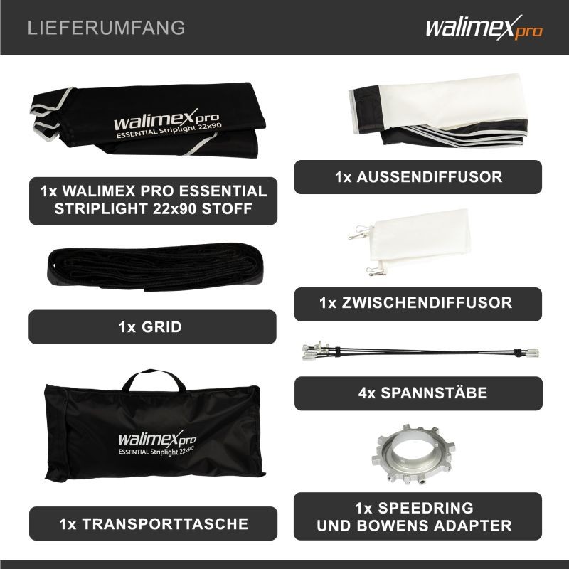 Walimex pro Essential Striplight-softbox 22 x 90 cm, kenno, Bowens-adapteri ja kuljetuslaukku