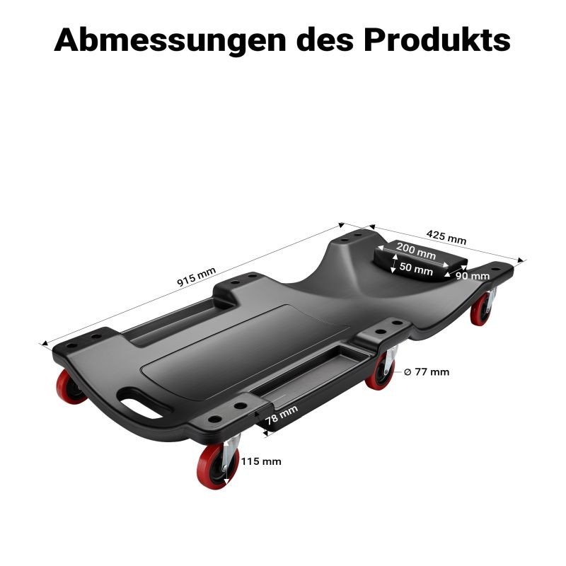 Automekaanikon rullalauta, HDPE-muovi, 915 x 425 x 115 mm, 90 kg, irrotettava pääntuki ja työkalulokerot
