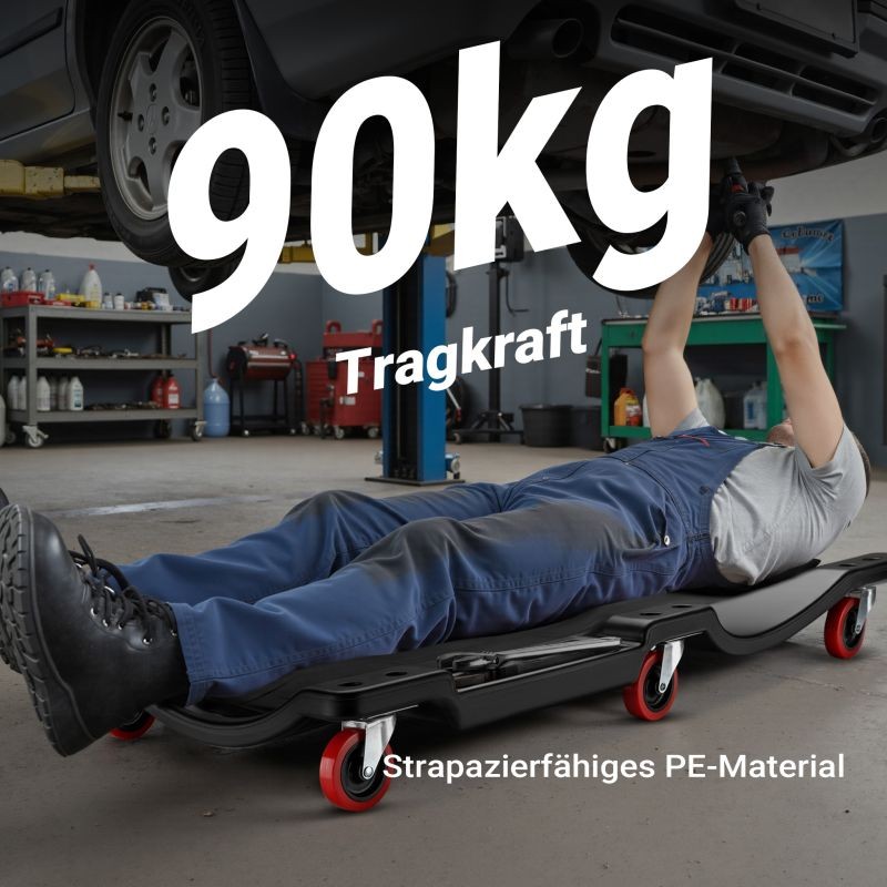 Automekaanikon rullalauta, HDPE-muovi, 915 x 425 x 115 mm, 90 kg, irrotettava pääntuki ja työkalulokerot