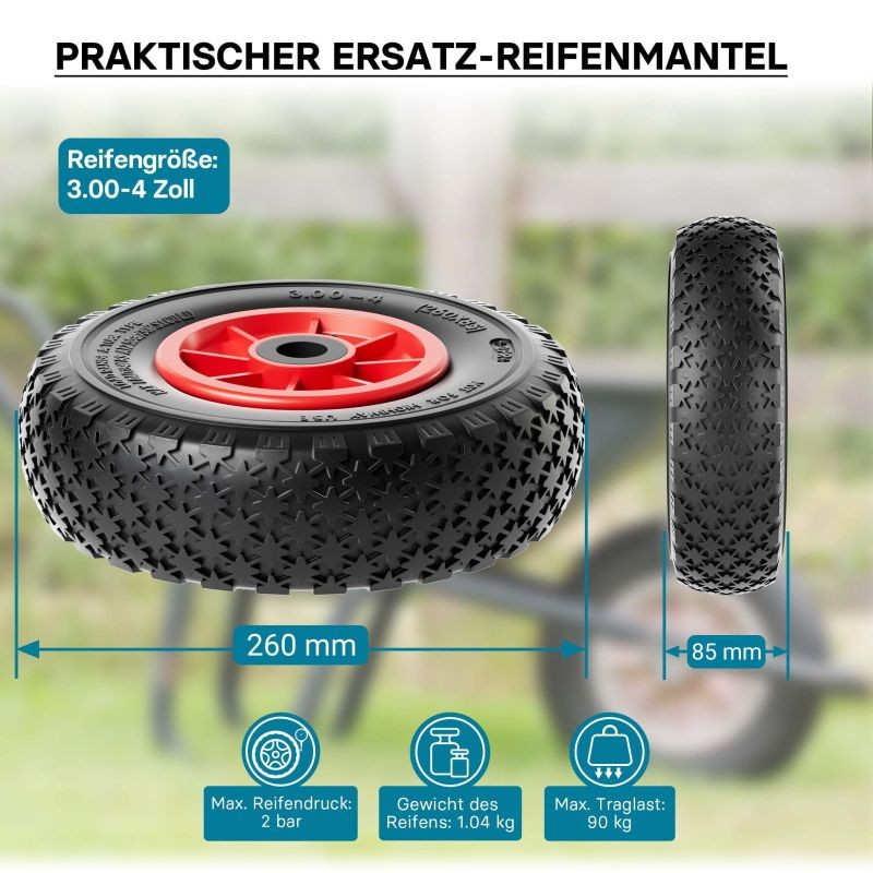 HT2046 Pyöräsarja 4 kpl 3.00-4 (85 x 260 mm) 90 kg, punainen, muovivanne, kottikärryille