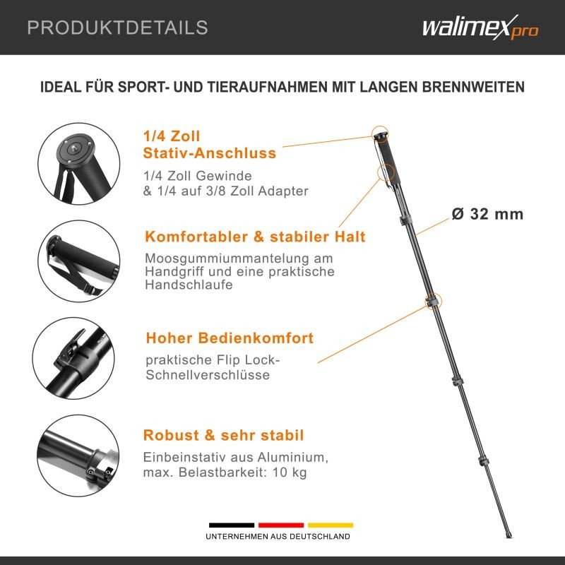 Walimex FT-1502 Pro yksijalka 177 cm, alumiini, 10 kg kantavuus, DSLR-, DSLM- ja kompaktikameroille