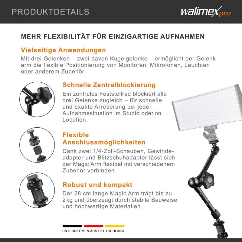 Walimex pro Swivel Arm Magic 28 nivelvarsi, 280 x 70 x 39 mm, kantavuus 2 kg, musta