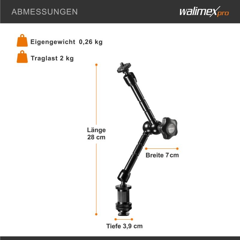 Walimex pro Swivel Arm Magic 28 nivelvarsi, 280 x 70 x 39 mm, kantavuus 2 kg, musta