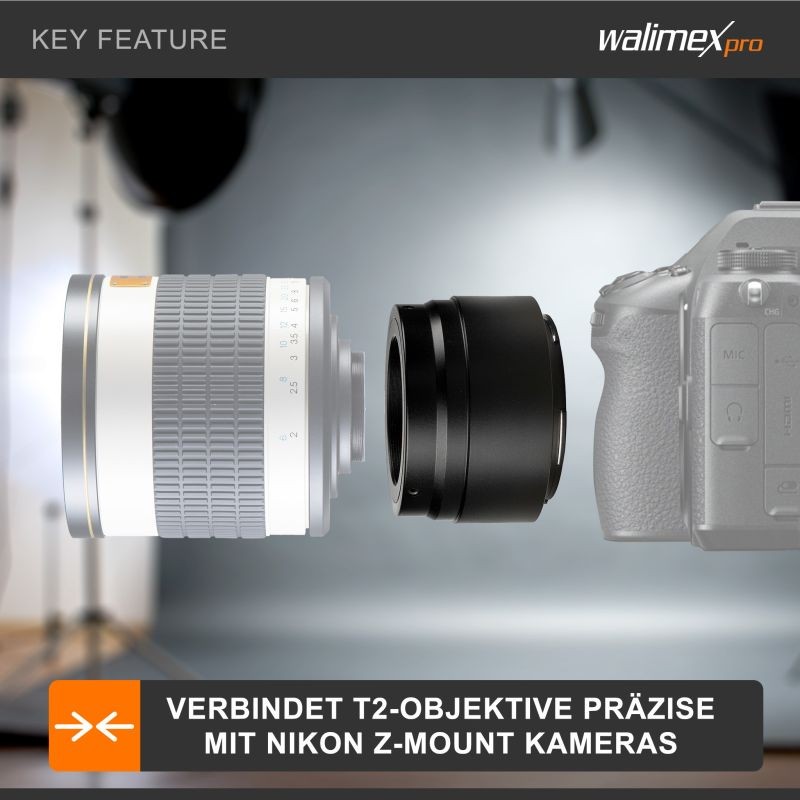 Walimex pro T2 -objektiivisovitin Nikon Z -kameroille, musta, metalli, 60 x 60 x 40 mm