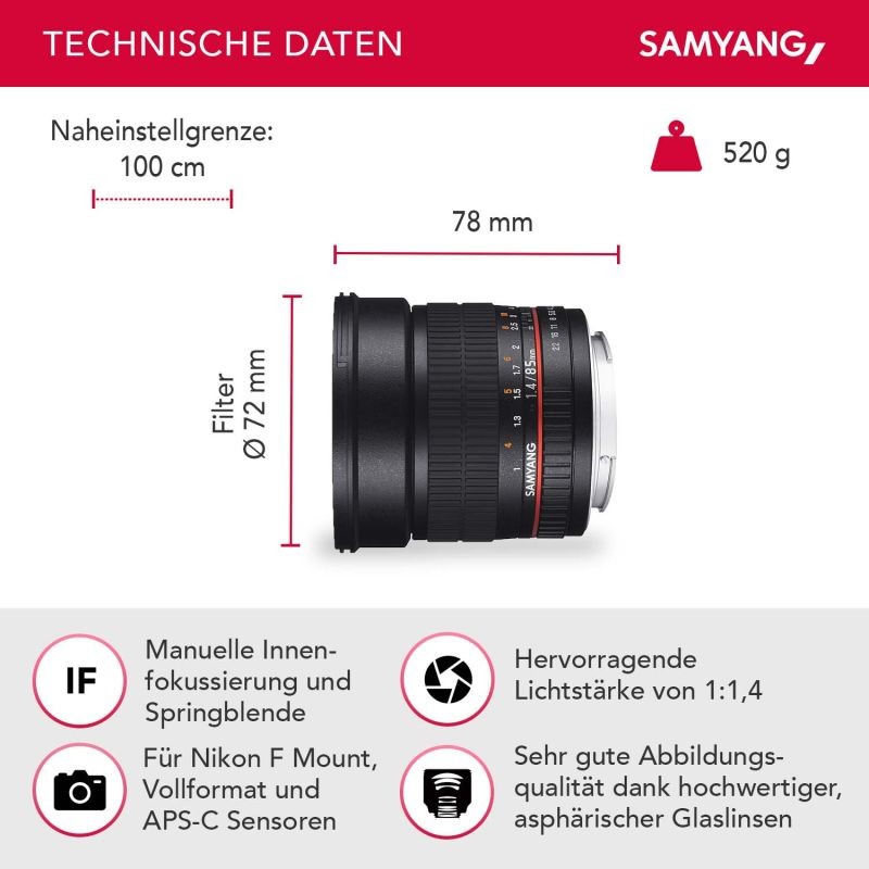 Samyang 85mm f/1.4 IF AE -teleobjektiivi Nikon F, manuaalitarkennus