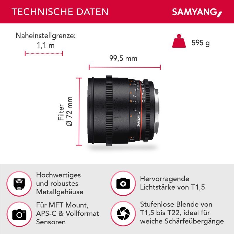 Samyang 85 mm f/1.5 Video DSLR II MFT -objektiivi, manuaalinen tarkennus, musta