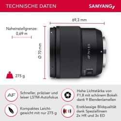 Samyang AF 75 mm f/1,8 muotokuvaobjektiivi Fujifilm X