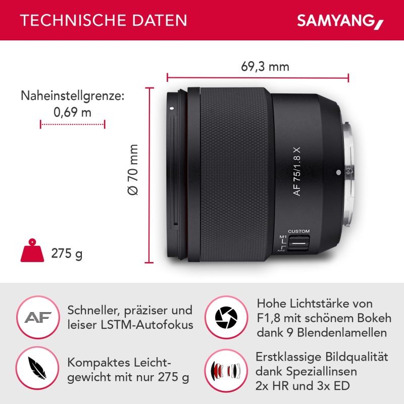 Samyang AF 75 mm f/1,8 muotokuvaobjektiivi Fujifilm X