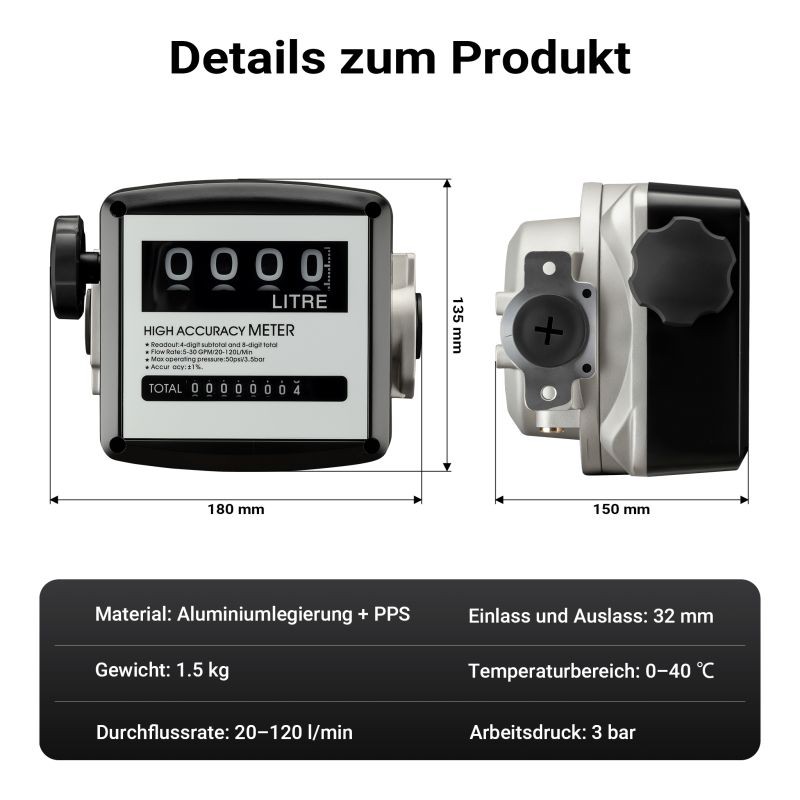 Kaksinkertainen polttoainemittari dieselille ja lämmitysöljylle 20-120 l/min 3,5 bar 32 mm 1 % tarkkuus