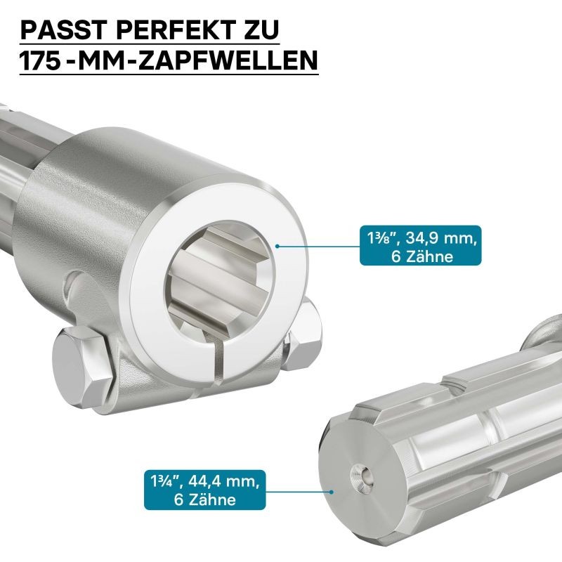 Voimanottoakselin adapteriholkki 175 mm, AISI 1045 teräs, 6 uraa / 6 hammasta