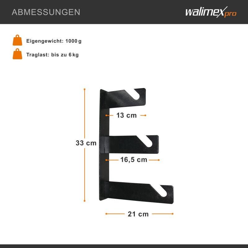 Walimex 3-osaiset taustakiinnikkeet 2 kpl setti, musta, metalli, 210 x 40 x 330 mm, 6 kg/koukku