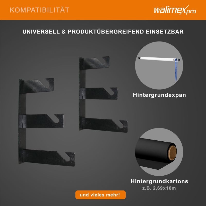 Walimex 3-osaiset taustakiinnikkeet 2 kpl setti, musta, metalli, 210 x 40 x 330 mm, 6 kg/koukku