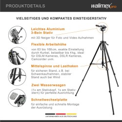 Walimex WT-3570 Basic kamerajalusta 168 cm, musta, 3D-videopää, kuljetuslaukku ja älypuhelinpidike