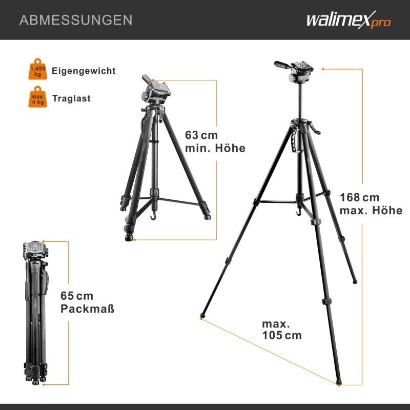 Walimex WT-3570 Basic kamerajalusta 168 cm, musta, 3D-videopää, kuljetuslaukku ja älypuhelinpidike