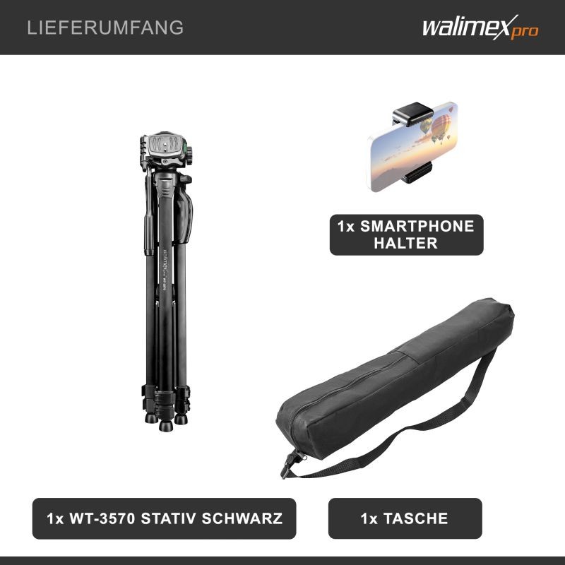 Walimex WT-3570 Basic kamerajalusta 168 cm, musta, 3D-videopää, kuljetuslaukku ja älypuhelinpidike