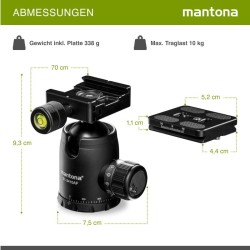 Mantona Fortress kuulapää 34 mm, 10 kg, 360° panoraama, 3 vatupasia, pikalukituslevy