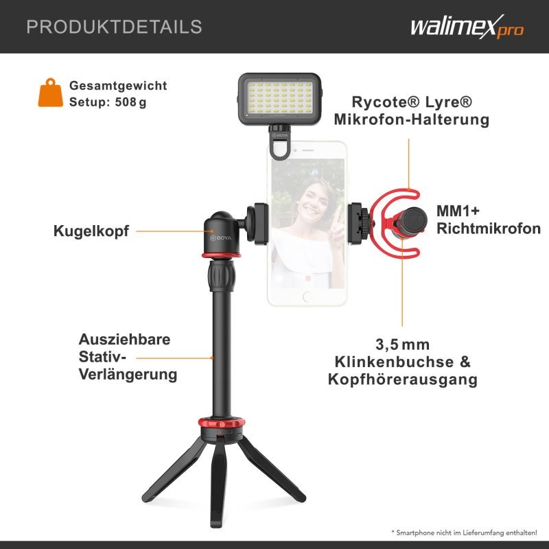 Walimex pro Boya VG350 älypuhelimen videopaketti, mikrofoni, kolmijalka, LED-valo, 2 kg kantavuus