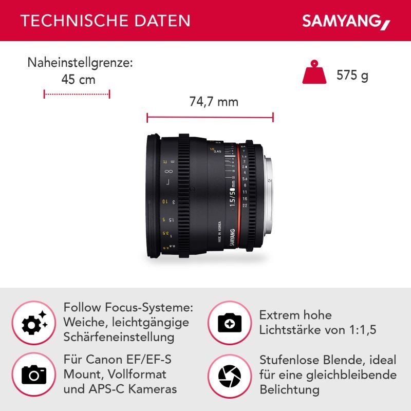 Samyang 50 mm T1,5 Video-objektiivi Canon EF, manuaalinen tarkennus, musta