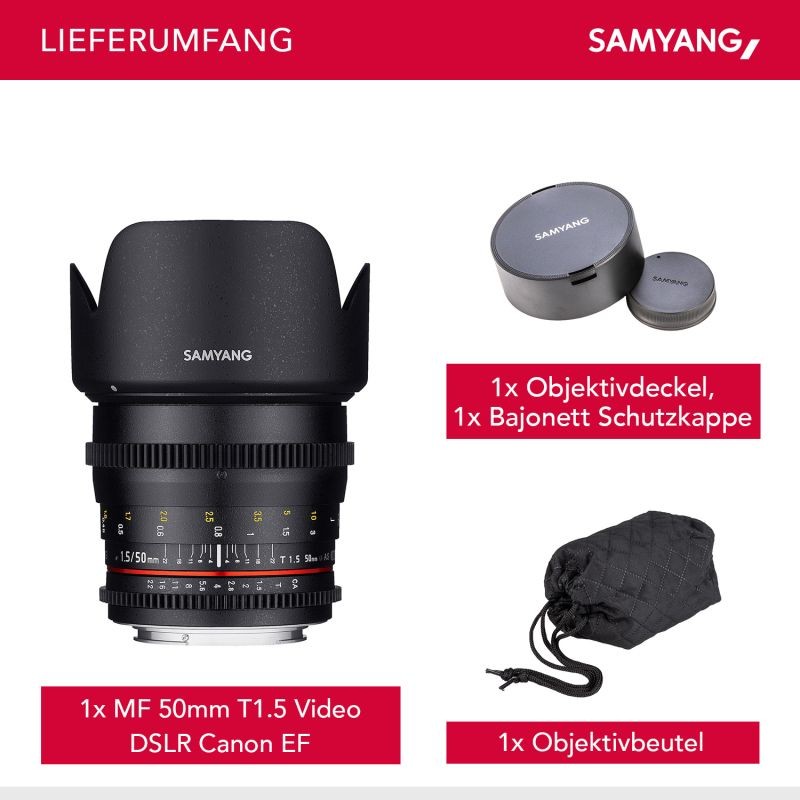 Samyang 50 mm T1,5 Video-objektiivi Canon EF, manuaalinen tarkennus, musta