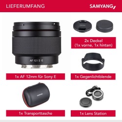 Samyang AF 12mm F2.0 FE laajakulmaobjektiivi Sony E ja Lens Station -asema