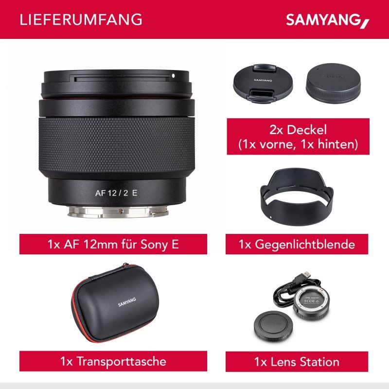 Samyang AF 12mm F2.0 FE laajakulmaobjektiivi Sony E ja Lens Station -asema