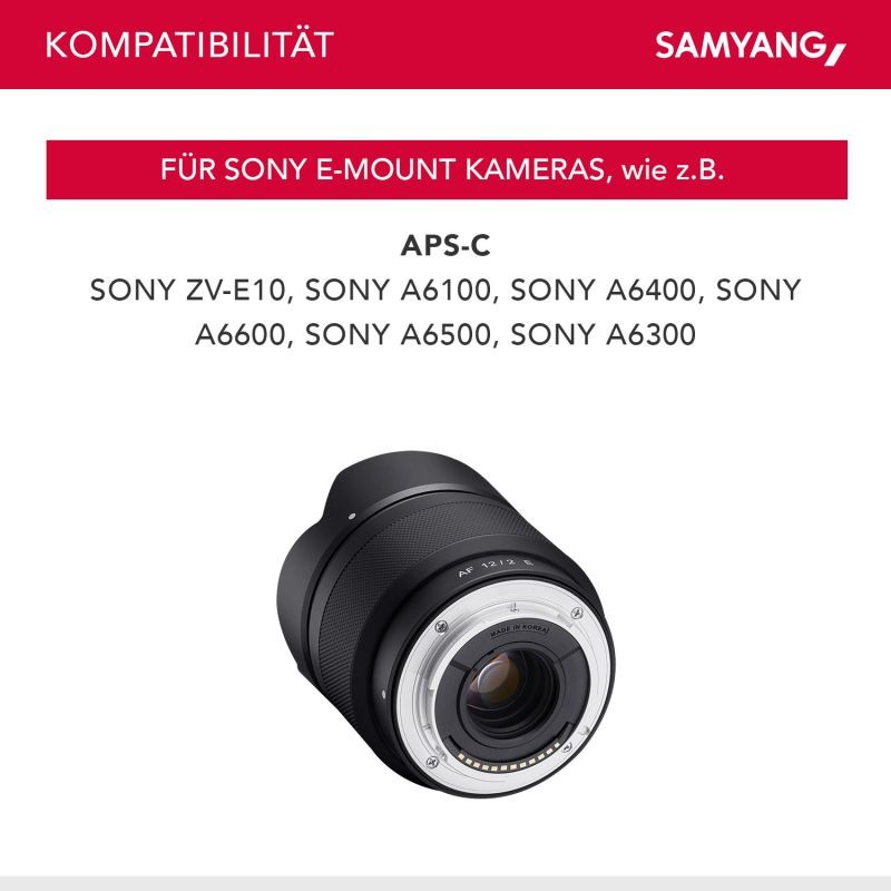 Samyang AF 12mm F2.0 FE laajakulmaobjektiivi Sony E ja Lens Station -asema