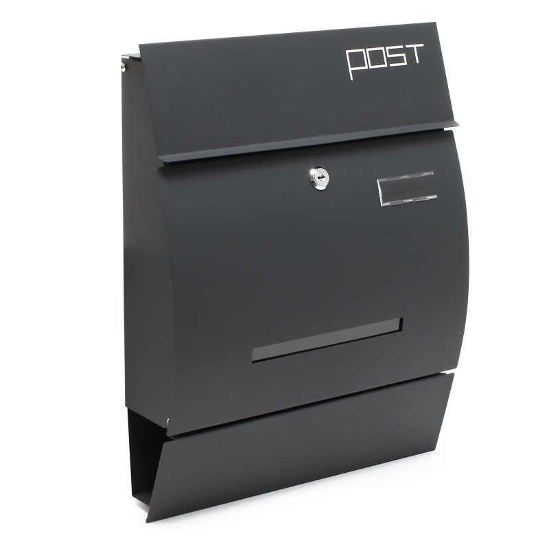 Postilaatikko V4 Designer, antrasiitti, 350 x 95 x 445 mm, lukittava, teräs, sanomalehtitelineellä