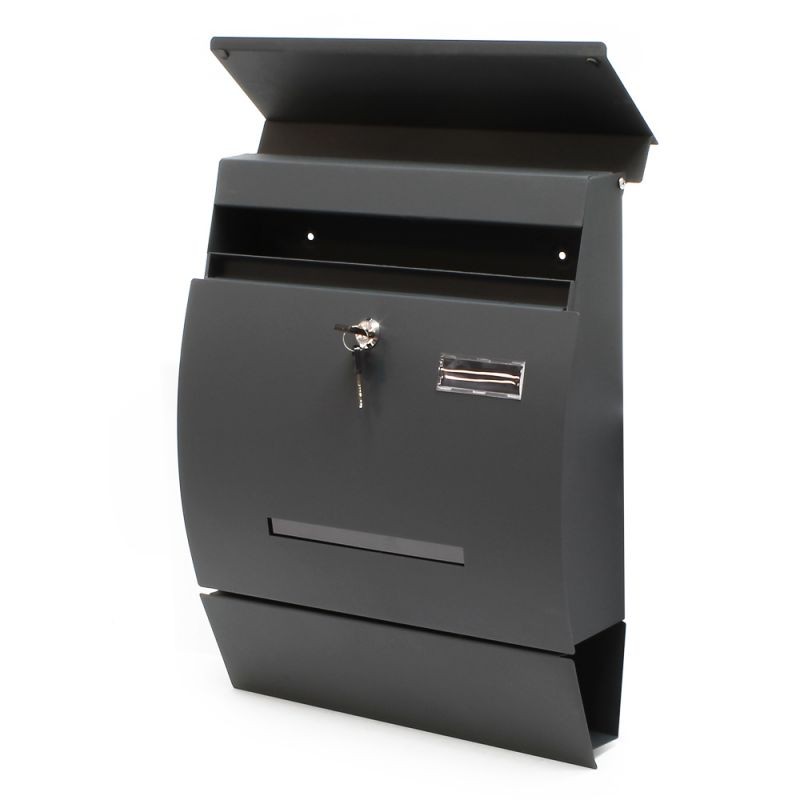 Postilaatikko V4 Designer, antrasiitti, 350 x 95 x 445 mm, lukittava, teräs, sanomalehtitelineellä
