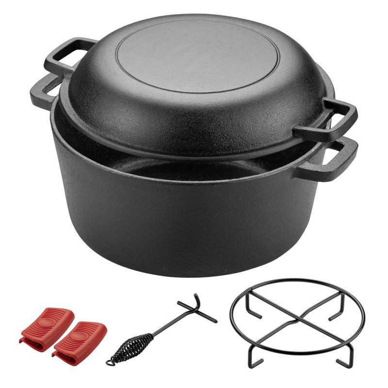 2in1 Valurautapata 6,2 l, 32 x 26 x 16 cm, musta, sisältää telineen, kannennostimen ja kahvasuojat