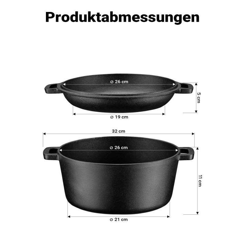 2in1 Valurautapata 6,2 l, 32 x 26 x 16 cm, musta, sisältää telineen, kannennostimen ja kahvasuojat