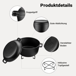 2in1 Valurautapata 6,2 l, 32 x 26 x 16 cm, musta, sisältää telineen, kannennostimen ja kahvasuojat