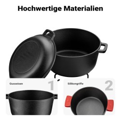 2in1 Valurautapata 6,2 l, 32 x 26 x 16 cm, musta, sisältää telineen, kannennostimen ja kahvasuojat