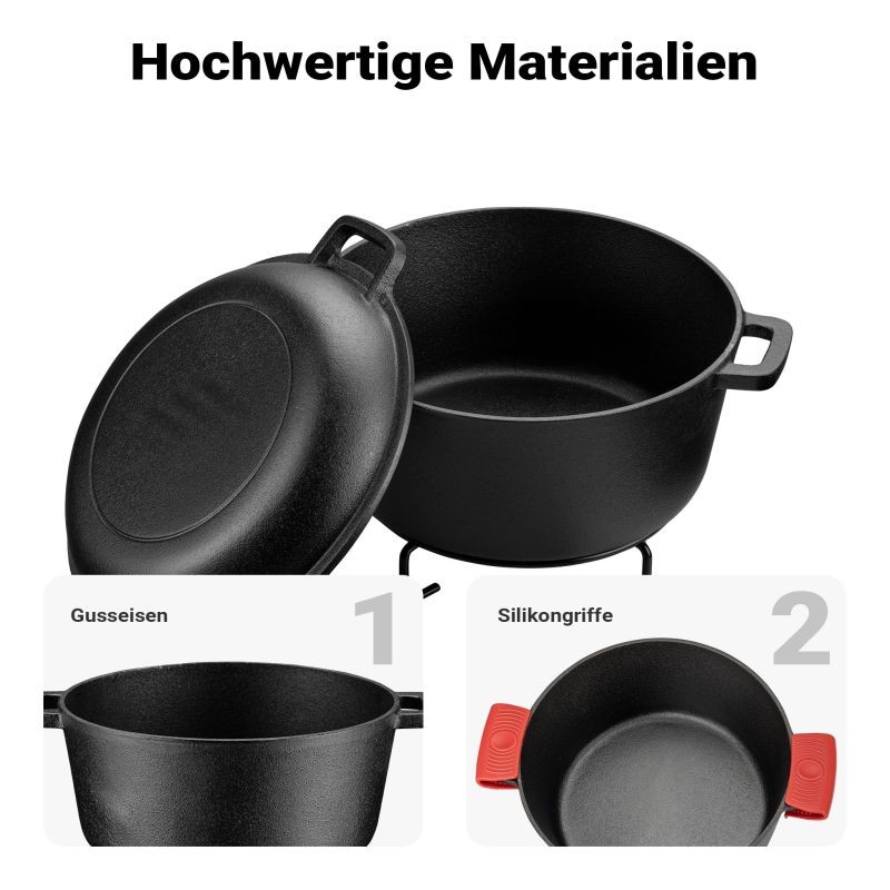 2in1 Valurautapata 6,2 l, 32 x 26 x 16 cm, musta, sisältää telineen, kannennostimen ja kahvasuojat
