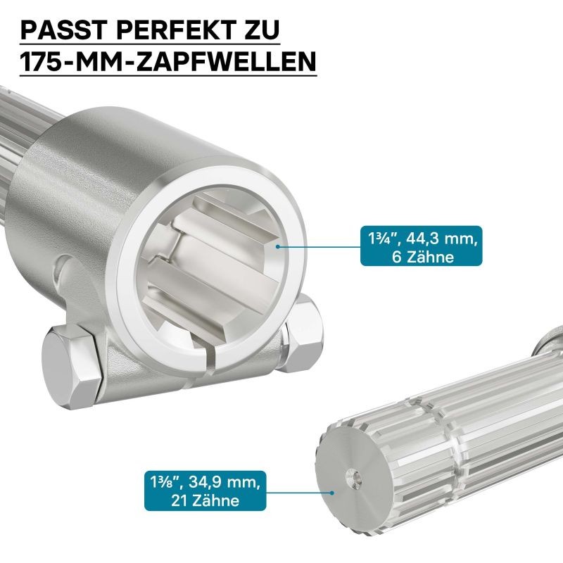 Voimanottoakselin adapteriholkki 175 mm, naaras 6 uraa, uros 21 hammasta, AISI 1045 teräs