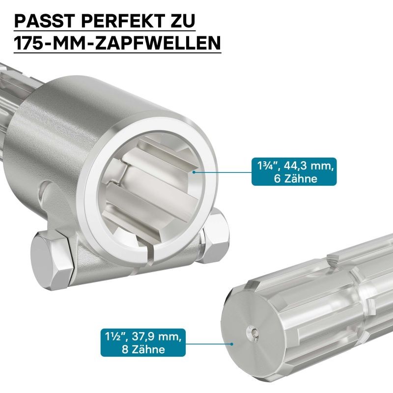 Voimanottoakselin holkki 175 mm, 6 uraa, ulosakseli 8-32x38x6, AISI 1045 teräs