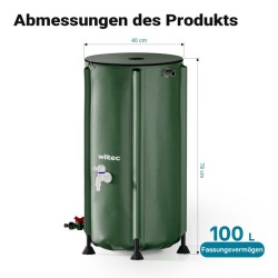 Taitettava sadevesitankki 100 l, PVC 620 g/m², vihreä, kansi, hana ja letkuliitäntä