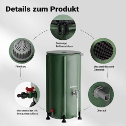 Taitettava sadevesitankki 100 l, PVC 620 g/m², vihreä, kansi, hana ja letkuliitäntä