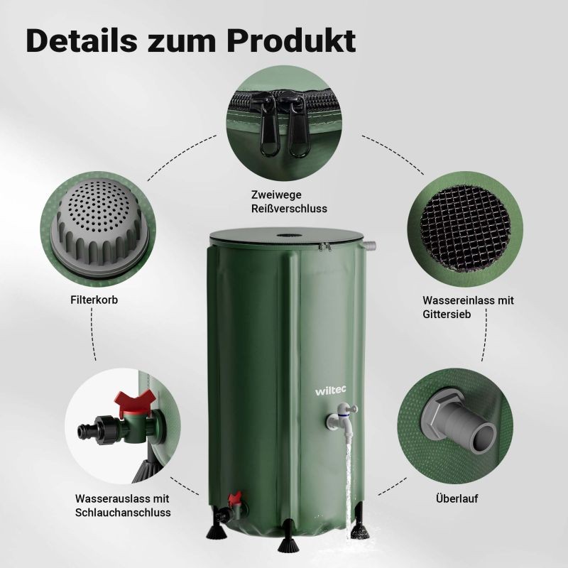 Taitettava sadevesitankki 100 l, PVC 620 g/m², vihreä, kansi, hana ja letkuliitäntä