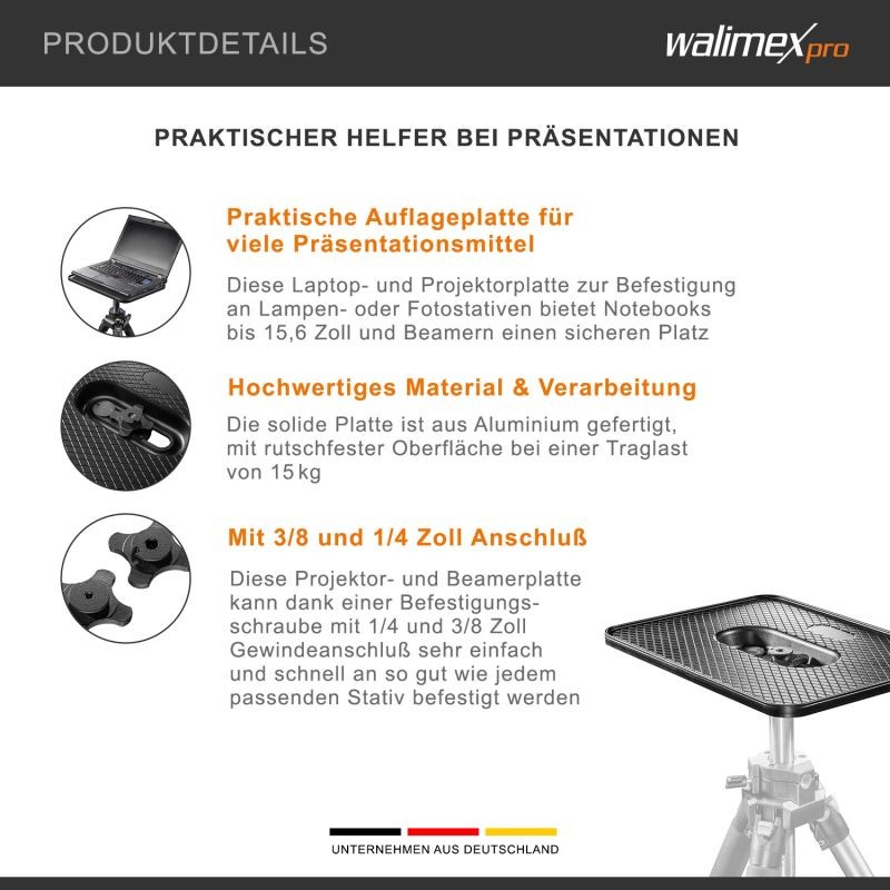 Walimex Laptop- ja projektorialusta 350 x 250 x 30 mm, alumiini, musta, kantavuus 15 kg