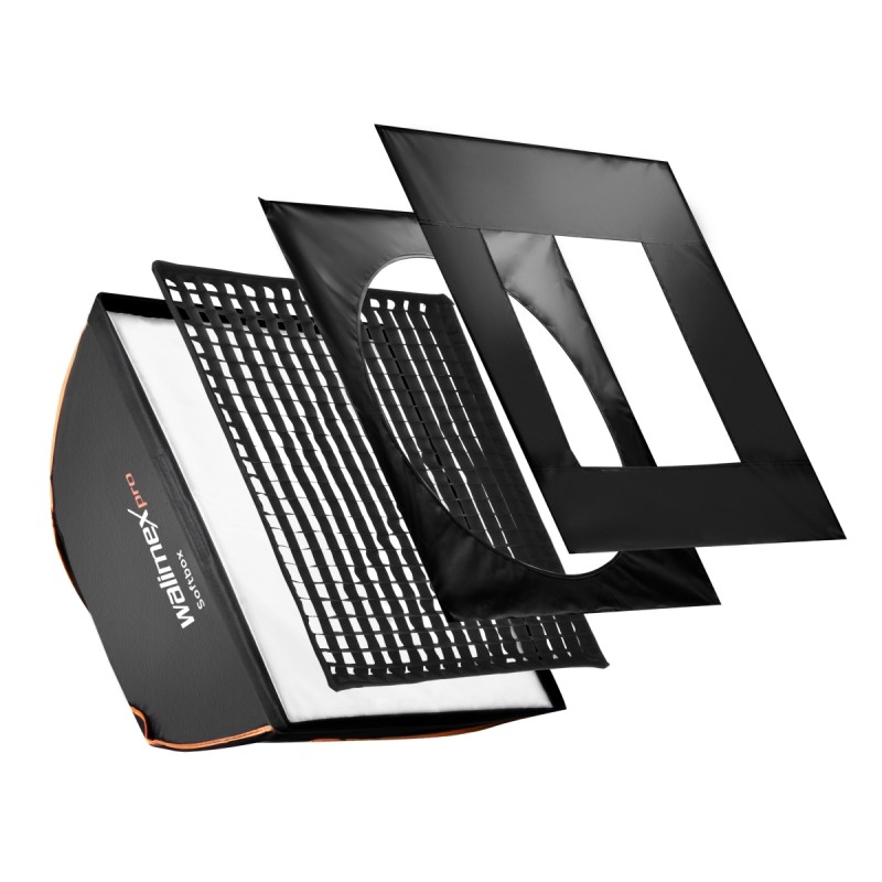 Walimex pro Softbox PLUS Orange Line 60 x 60 cm, neliönmuotoinen, kenno-grid, maskit ja kuljetuslaukku