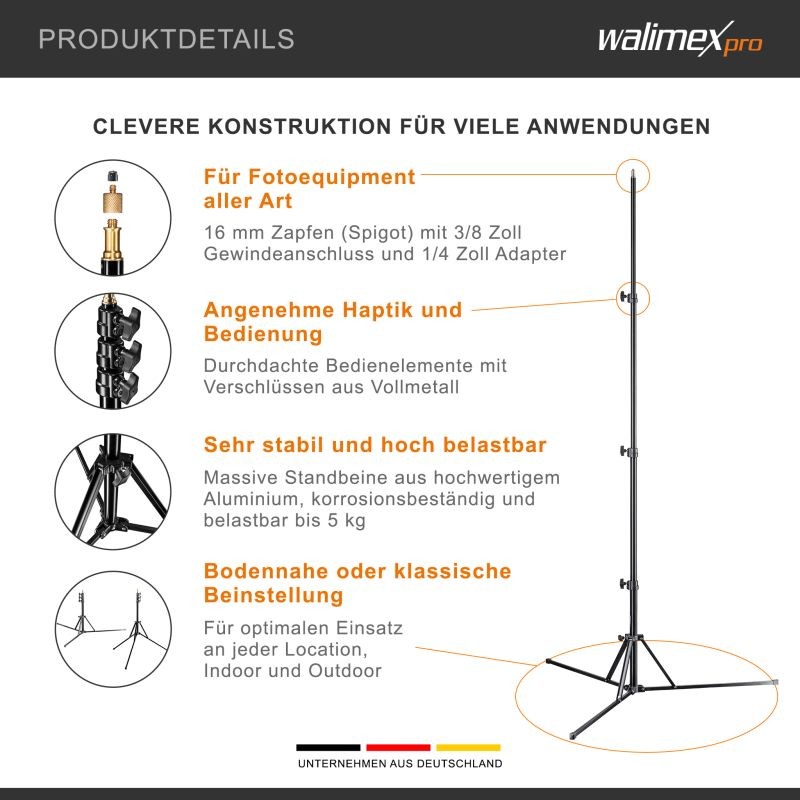 Walimex pro GN-806 valojalka, 215 cm, kantavuus 5 kg, alumiini, studio ja kenttäkäyttöön
