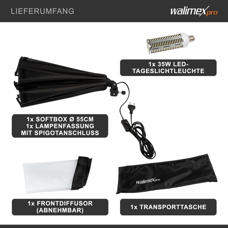 Walimex pro Octagon-softbox 55 cm, 35 W LED-valo 5000 K, diffuusorilla