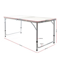 Toboli kokoontaitettava retkipöytä 120x60 cm, säädettävä korkeus 54/61/70 cm, alumiini ja MDF, valkoinen