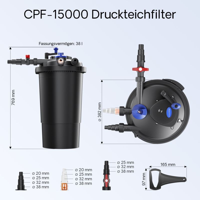 SunSun lampisuodatinsetti: CPF-15000 painesuodatin 18W UV-C, NEO-6000 SuperECO pumppu 6000 l/h, 5m letku 38mm