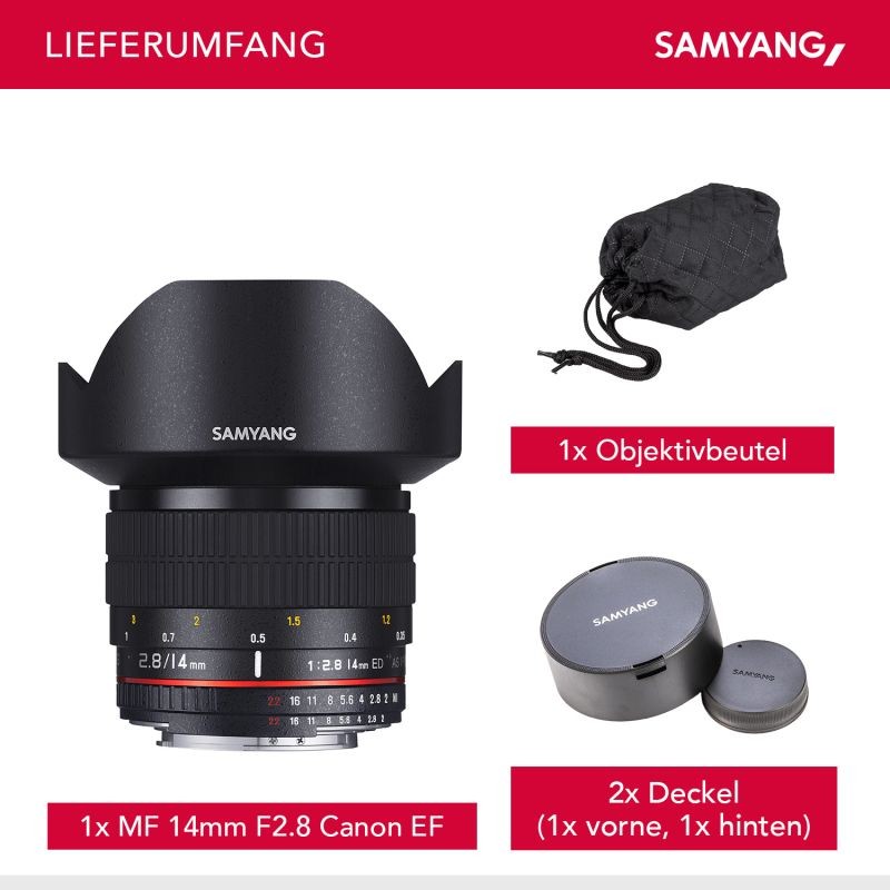 Samyang 14 mm f/2,8 Canon EF laajakulmaobjektiivi, manuaalinen tarkennus, täysikenno ja APS-C