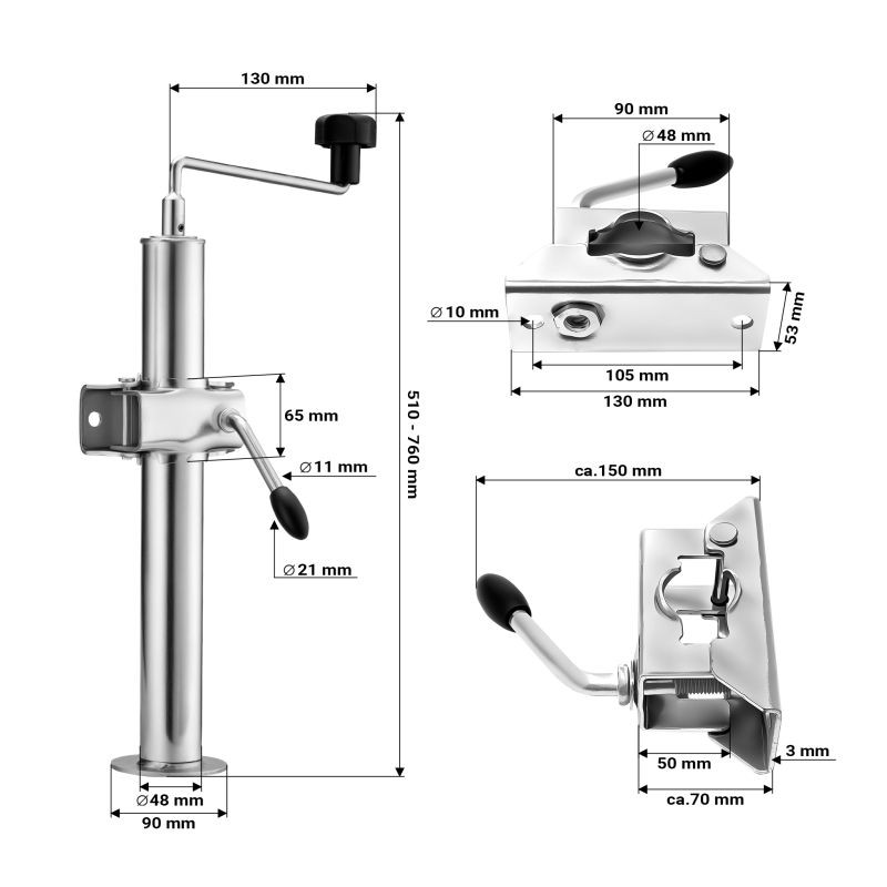 XPOtool Perävaunun tukijalat 2 kpl, 510-760 mm, 2000 kg, 48 mm kiinnikkeet