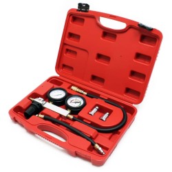 Kompressiomittari bensiinimoottoreille, M14 ja M18 adapterit, 10, 12 ja 14 mm, kantolaukku