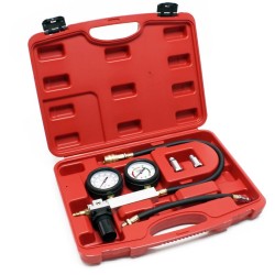Kompressiomittari bensiinimoottoreille, M14 ja M18 adapterit, 10, 12 ja 14 mm, kantolaukku